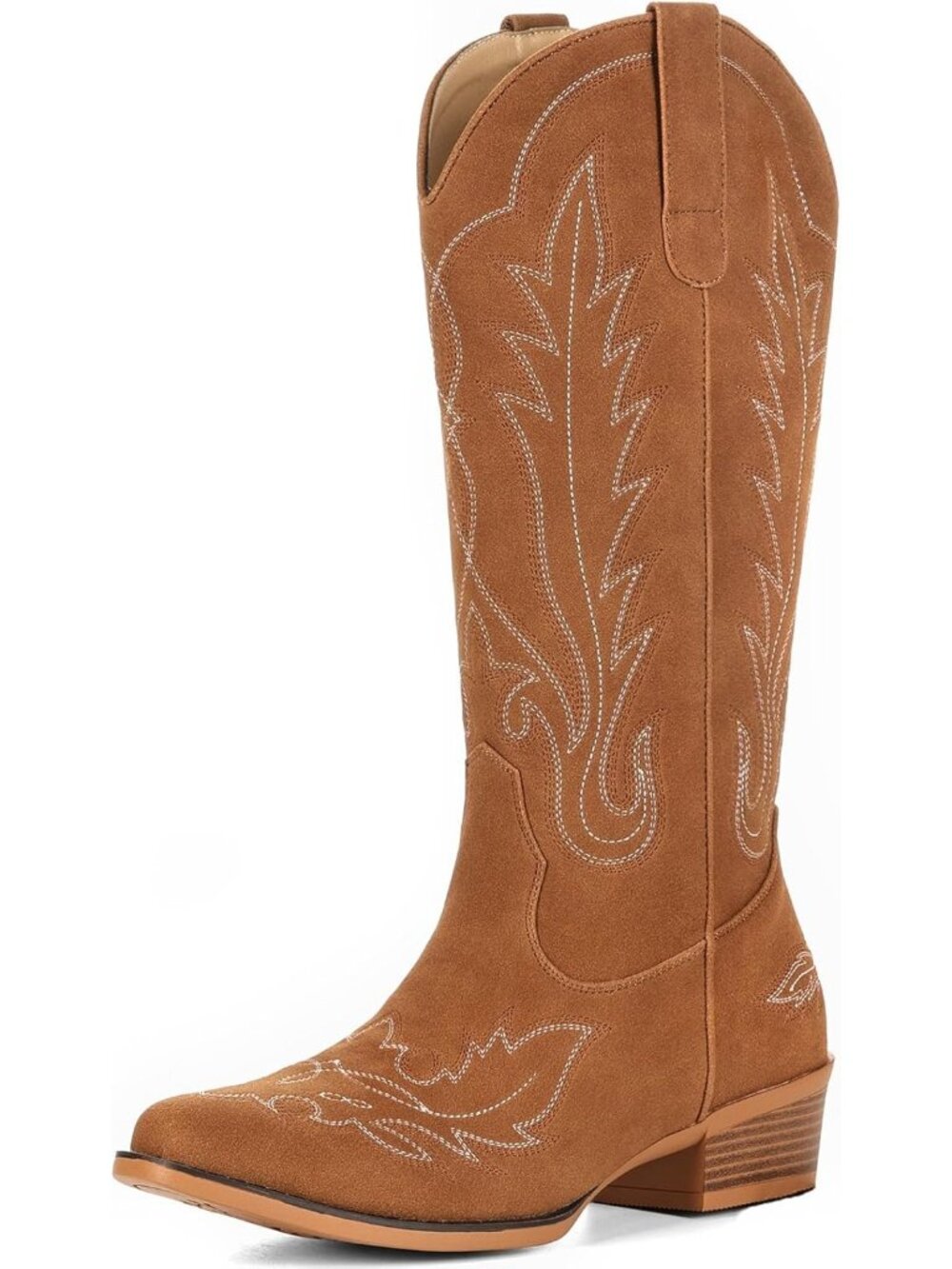 Women's Brown Mid Calf Suede Snip Toe Chunky Heel Embroidered Western Boots - Picture 4 of 6